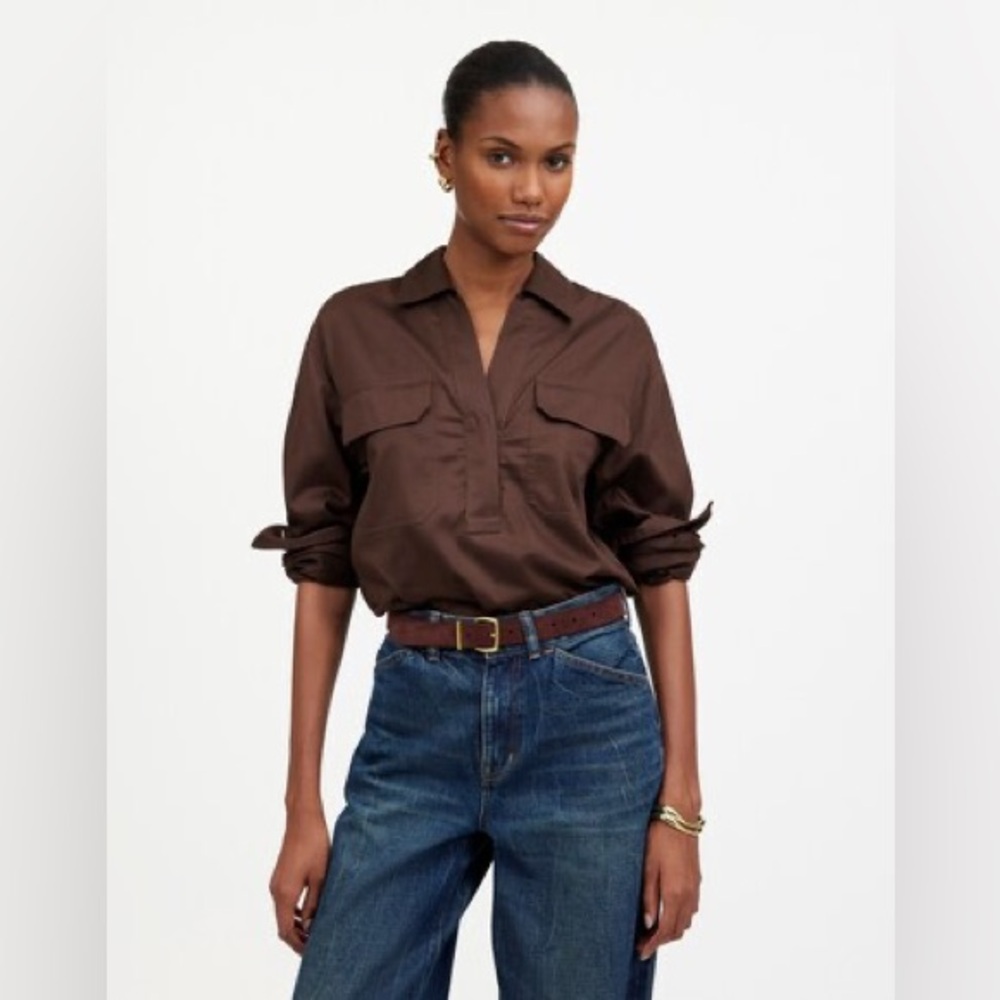 MADEWELL Utility Long-Sleeve Popover Shirt Collared Brown Dark Carob Size XS